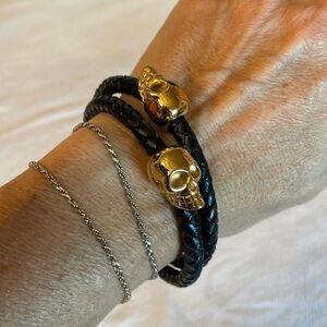 Stainless steel gold skull Halloween braided black leather gothic bracelet